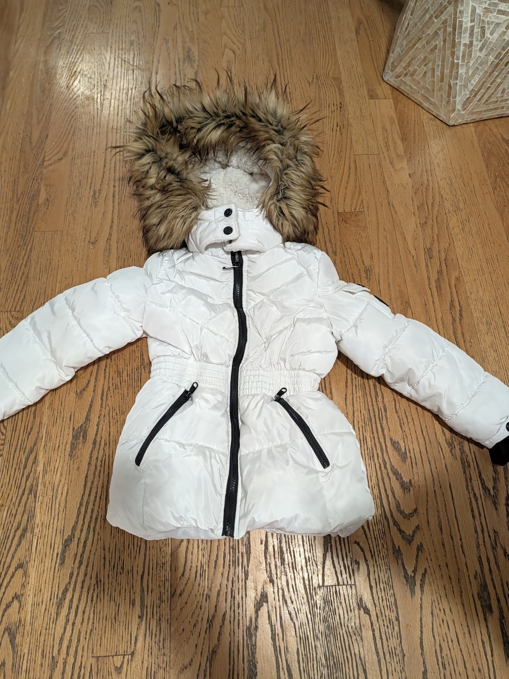 Steve Madden Girls' White Puffer Coat with Faux Fur Hood